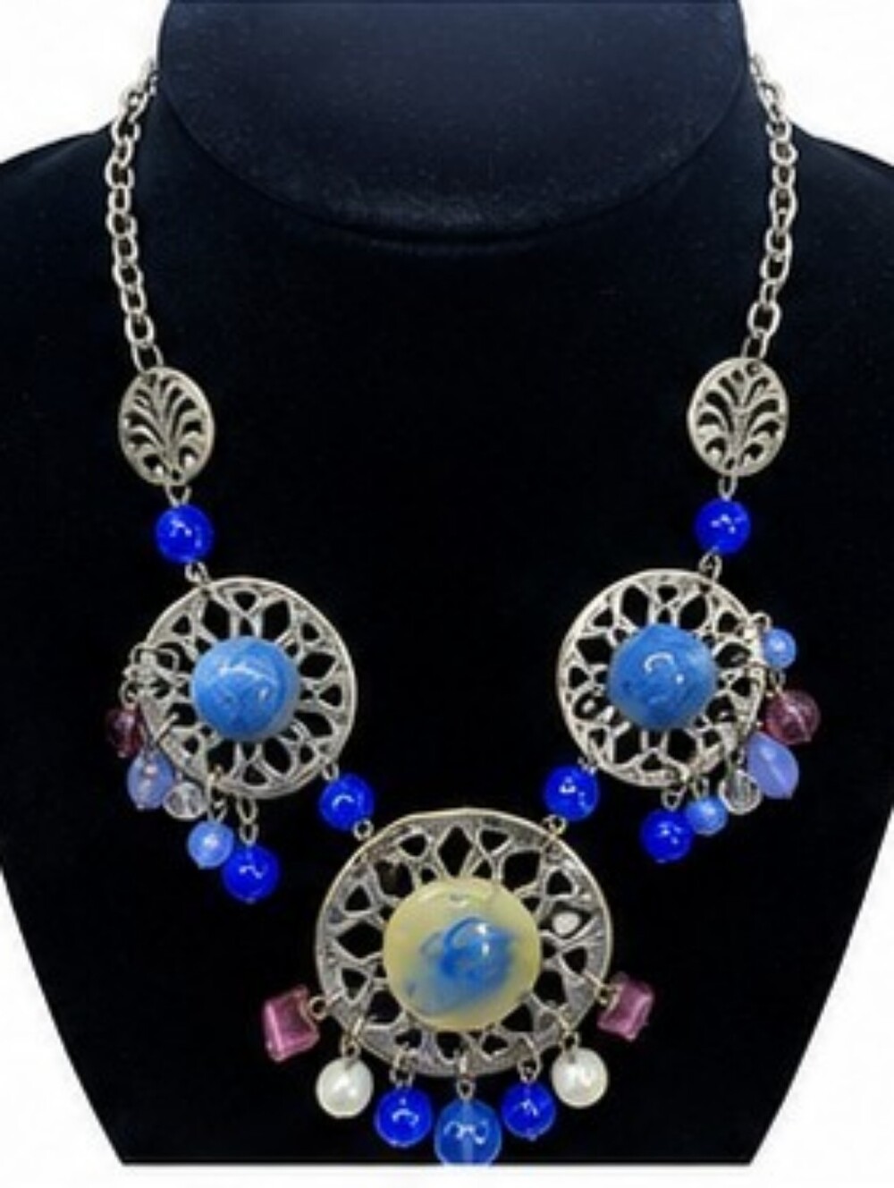 Artisan Boho Statement Necklace Blue Marbled Glass Cabochons Silver Tone Festiva - Picture 3 of 7